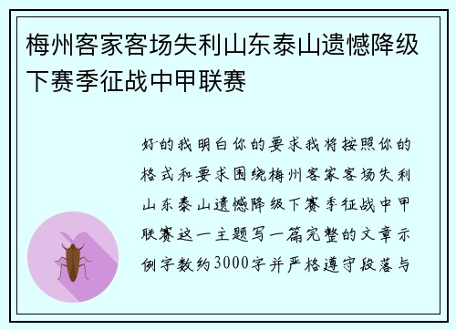 梅州客家客场失利山东泰山遗憾降级下赛季征战中甲联赛